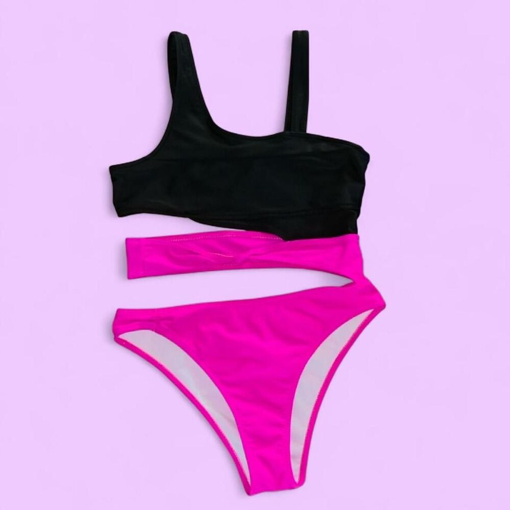 Barbie Hot Pink Black Cutout One Piece Swimsuit Y2K High Cut